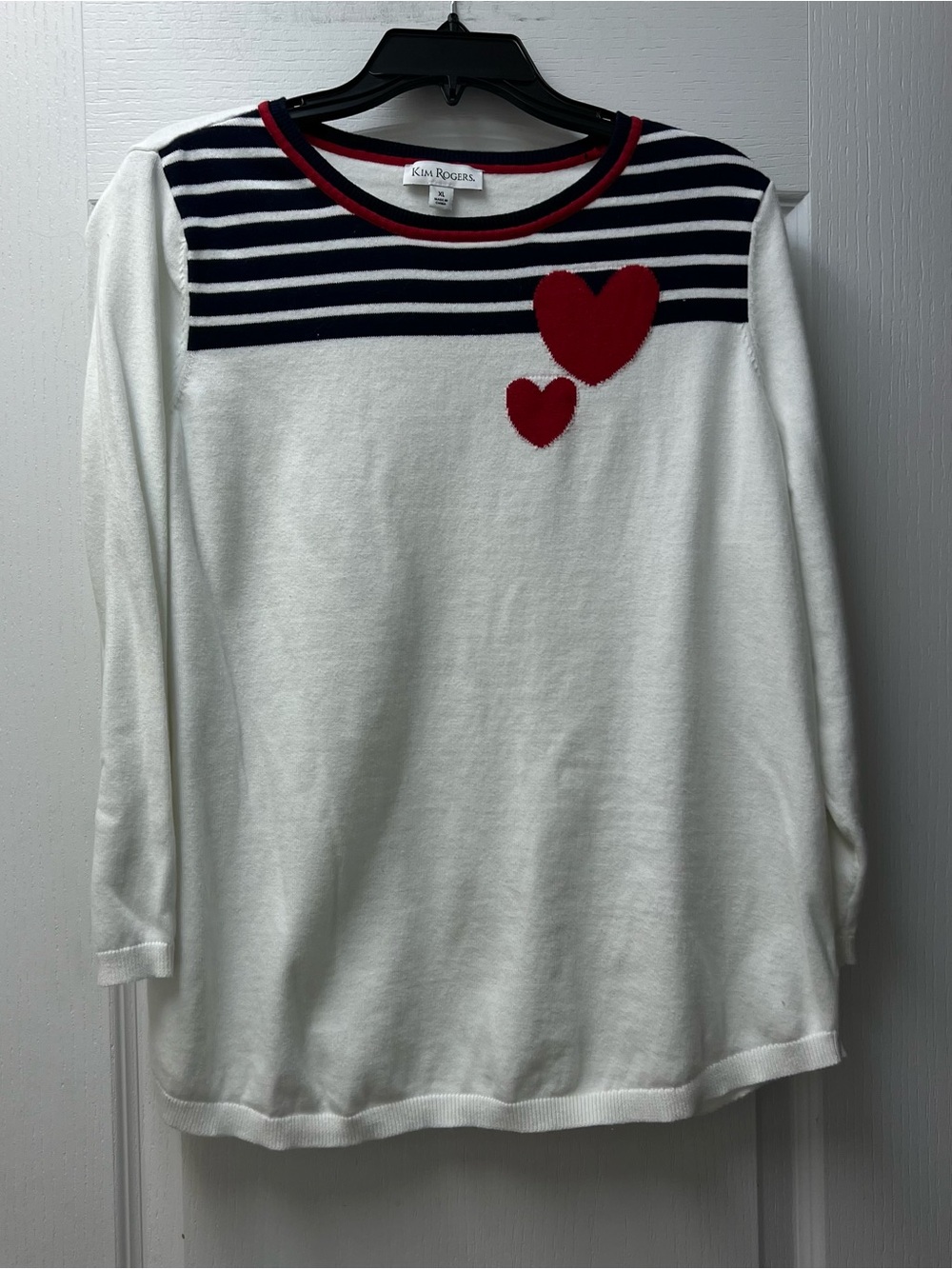 Kim Rogers White Knit Top with Red Hearts and Navy Stripe Sz XL